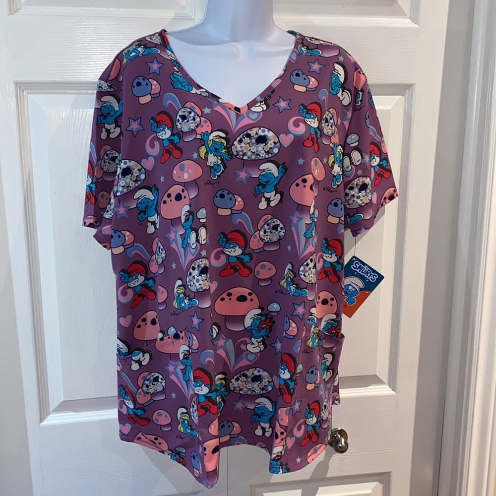 The Smurfs Ladies Patterned V Neck Uniform Scrub Top with Pockets Plus Size XXL